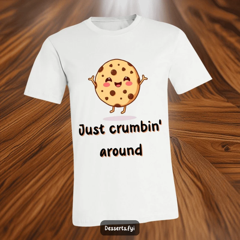 Funny cookie t-shirt showing a joyful chocolate chip cookie doing a lively dance, embodying happiness and sweet energy for all.