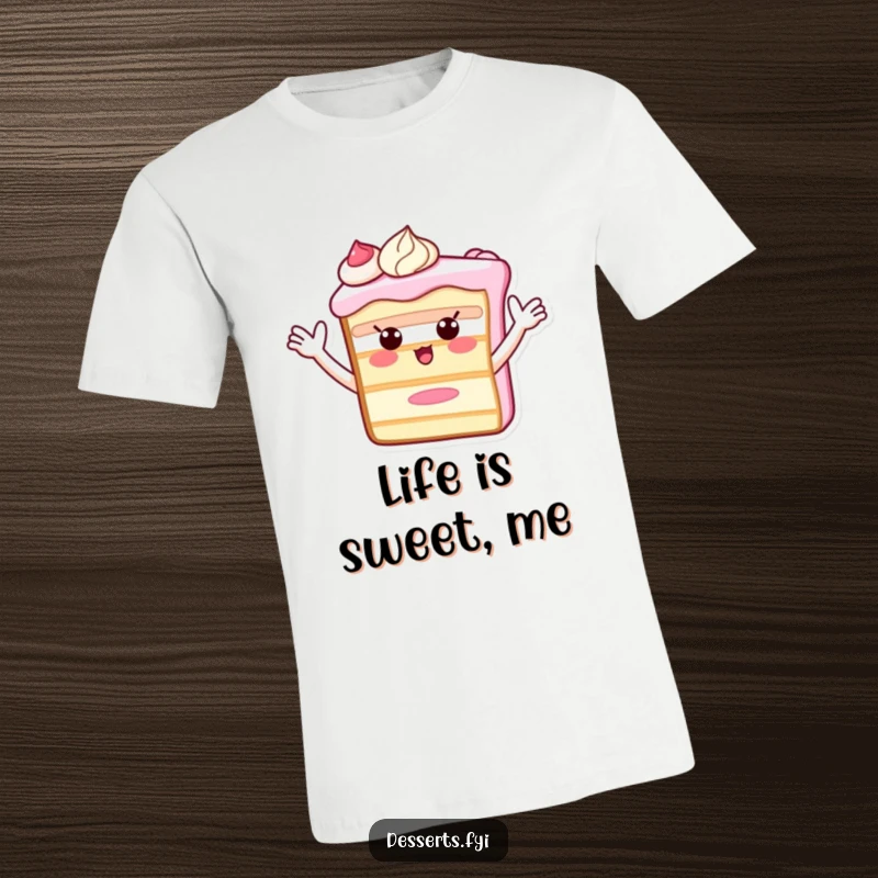 Funny T-Shirt showcasing a playful cake slice character with frosting arms waving happily, perfect for fans of sweet treats and lighthearted humor.