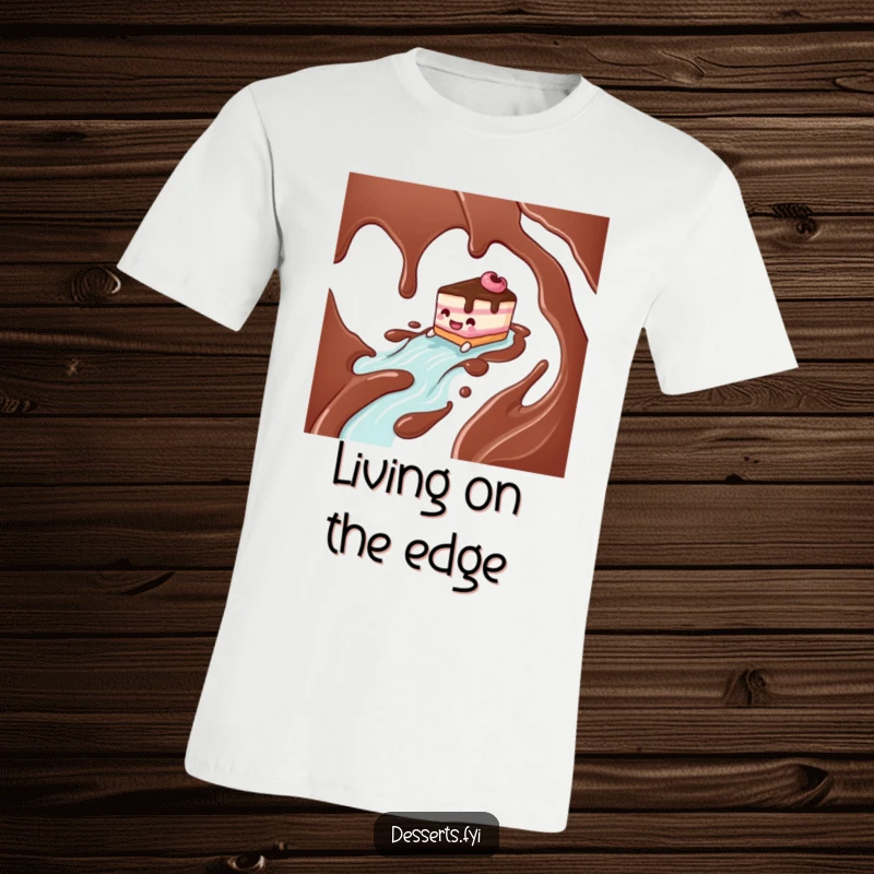 Funny smiling cake character joyfully sliding down a rich chocolate syrup river on a t-shirt, a sweet and humorous scene.
