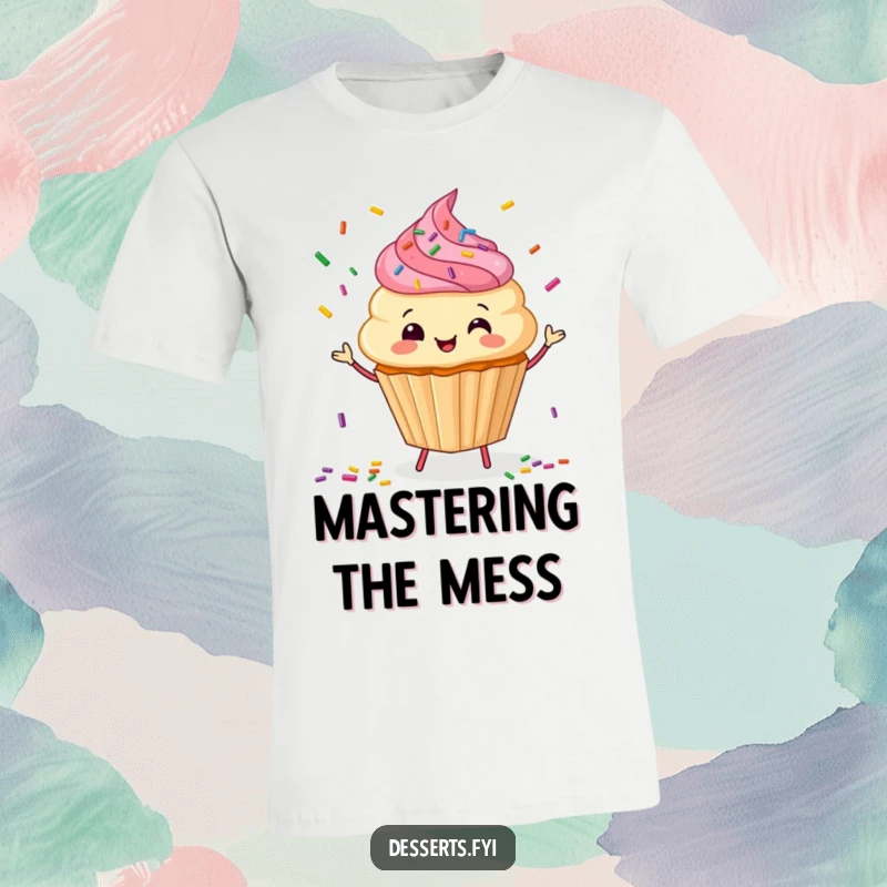 Funny T-Shirt: A happy cupcake character expertly juggles colorful sprinkles, exuding playful sweetness.