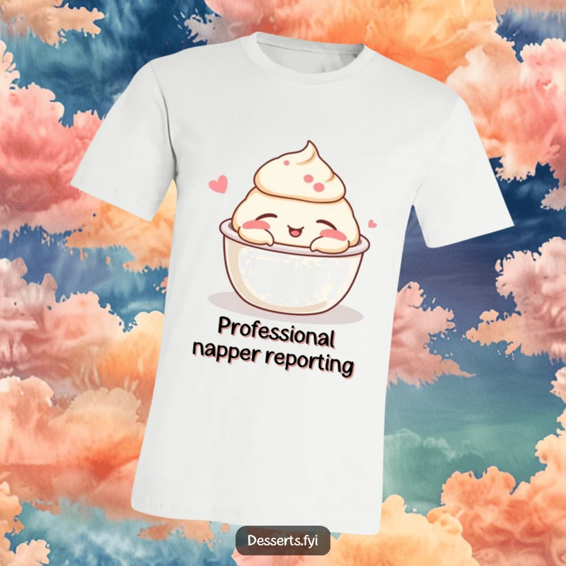 Funny pudding cup t-shirt showing a cheerful, napping pudding character embodying comfort and sweet, sleepy vibes.