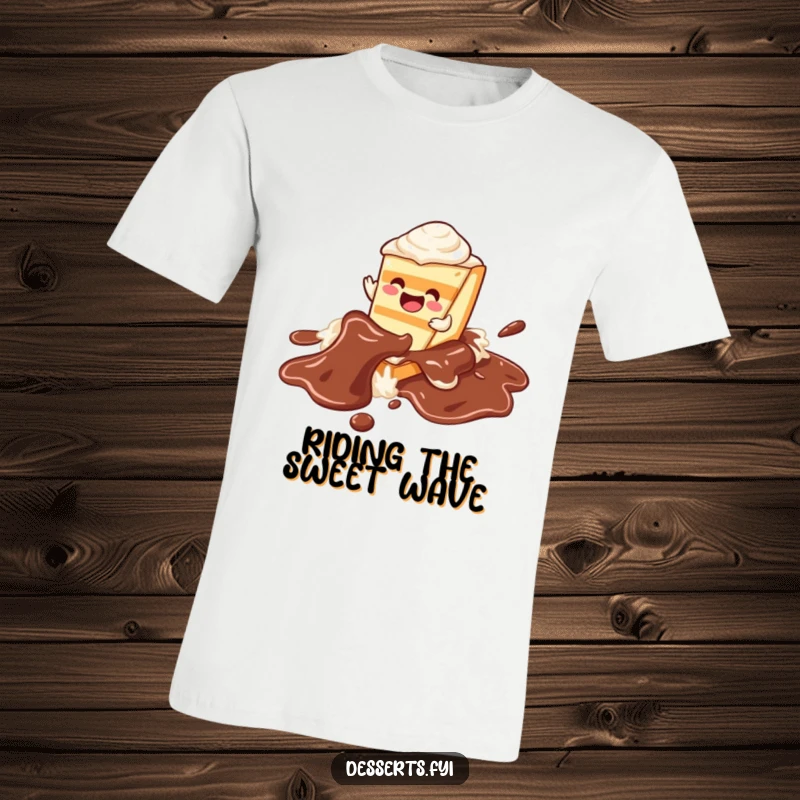 Funny cake t-shirt, a character joyfully sliding on a chocolate syrup river, showcasing a fun and delicious moment.