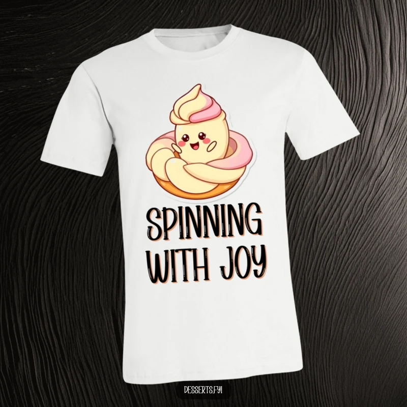 Funny t-shirt depicting a cheerful pastry character energetically twirling around a large swirl of frosting, conveying playful and sweet energy.