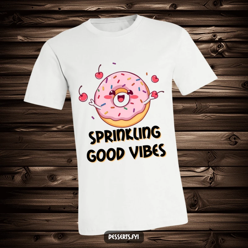 Funny, delighted donut character with a big grin, skillfully juggling sprinkles and cherries on a t-shirt, pure sugary fun.