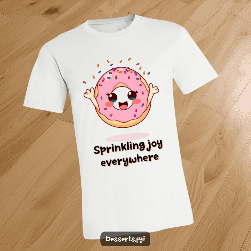 Funny donut t-shirt, a joyful character mid-air tossing sprinkles, exuding excitement and making it a perfect funny gift.