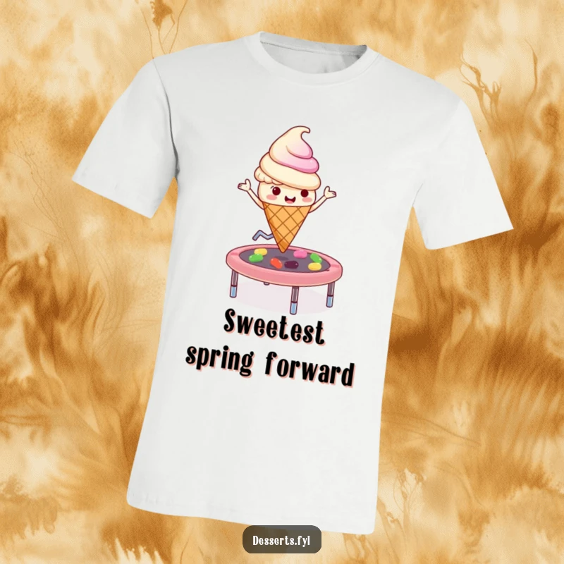 Funny playful ice cream cone character jumping high on a jelly bean trampoline, a lively and humorous graphic on a t-shirt.