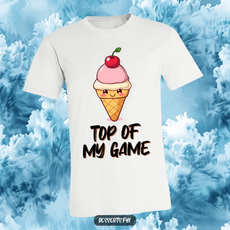 Funny T-Shirt: A cheerful smiling ice cream cone character balances a bright red cherry perfectly atop its head, embodying sweet fun.