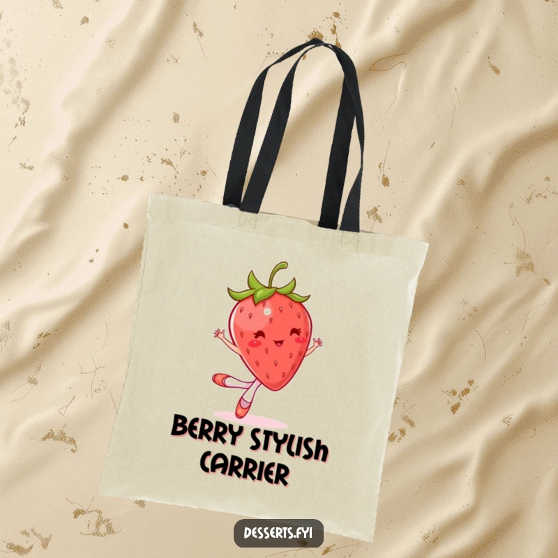 Funny tote bag with a bouncing strawberry wearing tiny ballet slippers, mid-twirl. A charming accessory.