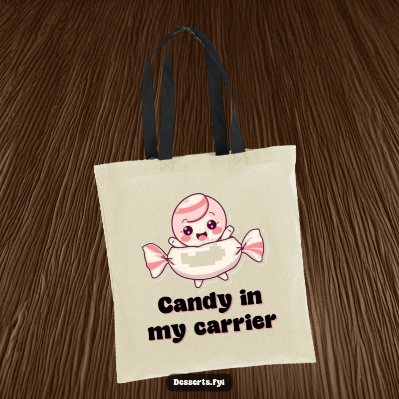 Funny tote bag showing a playful candy character bouncing excitedly inside its wrapper, ready for any adventure.