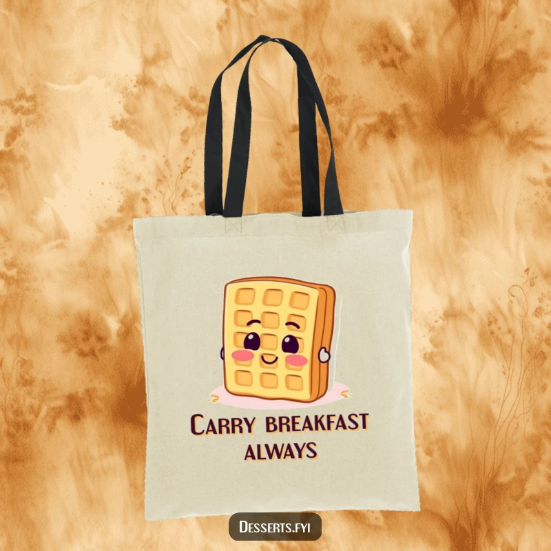 Funny tote bag with a smiling waffle enthusiastically attempting to flip itself. A cheerful accessory.