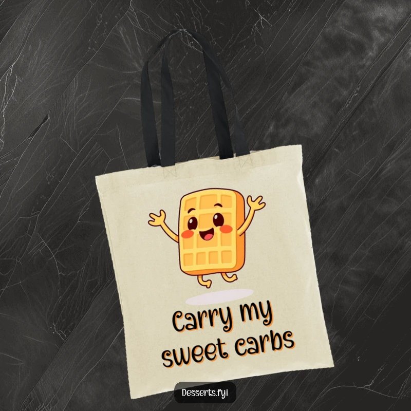 Funny tote bag with a smiling waffle character doing energetic jumping jacks, perfect for carrying daily essentials with flair.