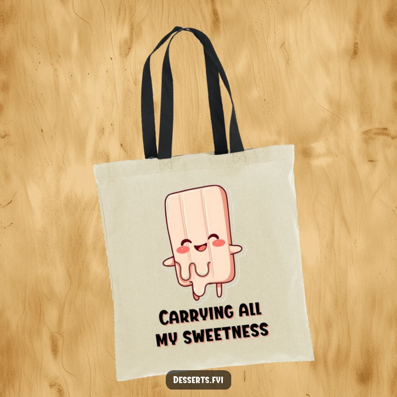 Funny tote bag featuring a happy candy bar character melting slightly with glee, perfect for carrying essentials with sweet style.