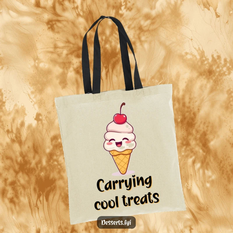 Funny ice cream cone tote bag, a dessert with a cherry on top giggling and bouncing with delight, perfect for carrying treats and essentials with humor.