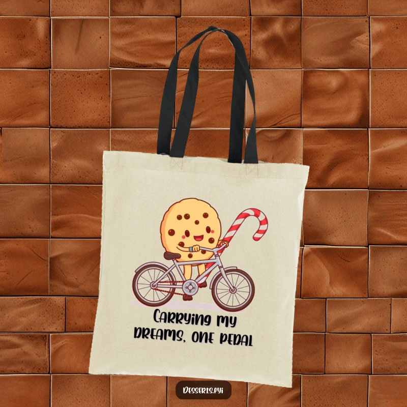 Funny tote bag depicting a small cookie character joyfully riding a tiny bicycle around a vibrant candy cane, showcasing playful movement.