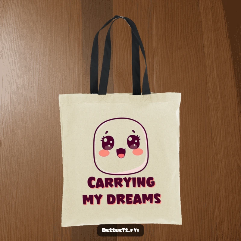 Funny tote bag showcasing a surprised marshmallow floating upwards with wide, happy eyes, perfect for carrying essentials with a touch of whimsical delight.