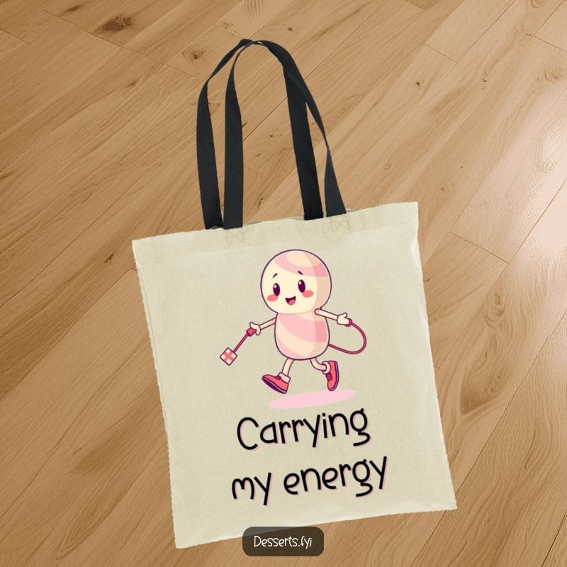 Funny Tote Bag: An energetic candy character skips rope with a licorice string, perfect for carrying items with sweet, humorous flair.