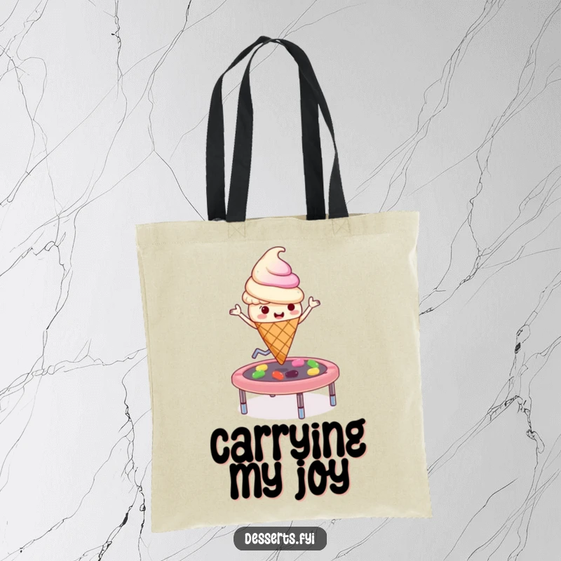Funny playful ice cream cone character bouncing on a jelly bean trampoline on a durable tote bag, a fun accessory.