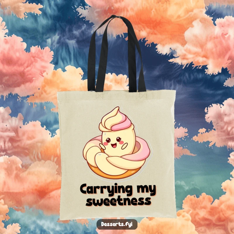 Funny tote bag depicting a cheerful pastry character twirling around a swirl of frosting, perfect for carrying essentials with sweet humor.