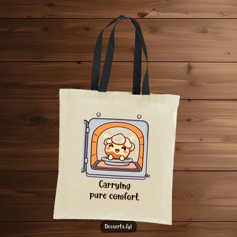 Funny Tote Bag: A delighted pie character peeks from a warm oven, perfect for carrying items with sweet, humorous flair.