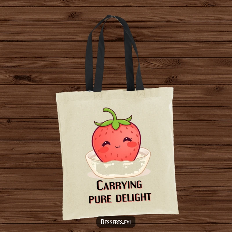 Funny tote bag with a content strawberry with a tiny smile enjoying a bath of cream, perfect for carrying essentials with sweet calm and relaxation.