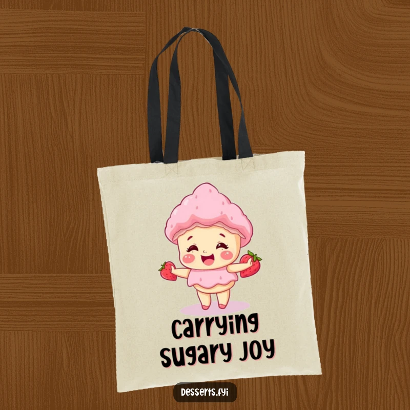 Funny tote bag depicting a giggling strawberry shortcake doing a happy little spin, perfect for carrying sweet essentials with humor.