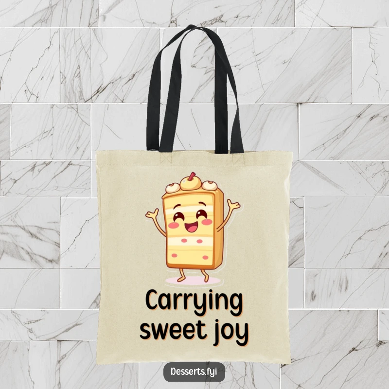 Funny tote bag with a cheerful cake slice character doing a silly dance, perfect for carrying essentials with flair.