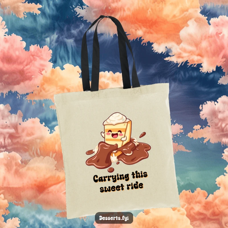Funny cake tote bag, a character happily sliding on a chocolate syrup river, perfect for carrying essentials with a sweet twist.