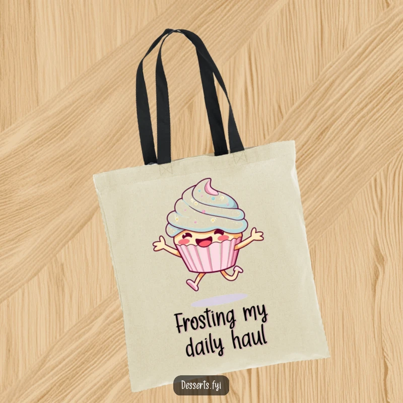 Funny cupcake tote bag, a character in a joyful leap with sparkly frosting, perfect for stylishly carrying your belongings.