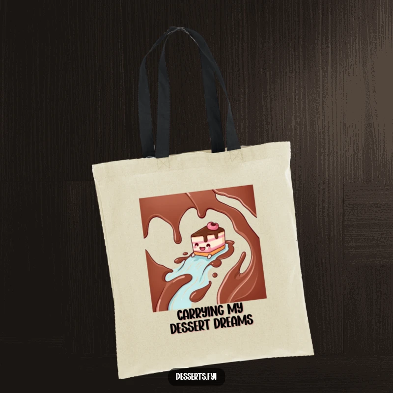 Funny cake character in mid-slide down a chocolate syrup river, printed on a durable tote bag, a delightful and humorous accessory.