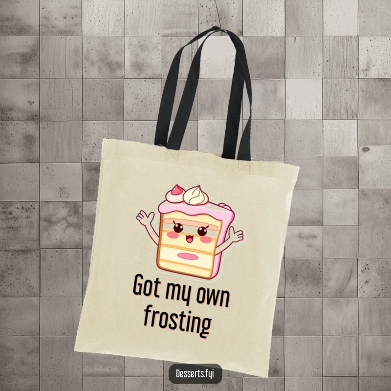 Funny Tote Bag designed with a cheerful cake slice character whose frosting arms are waving enthusiastically, ideal for carrying groceries with humor.