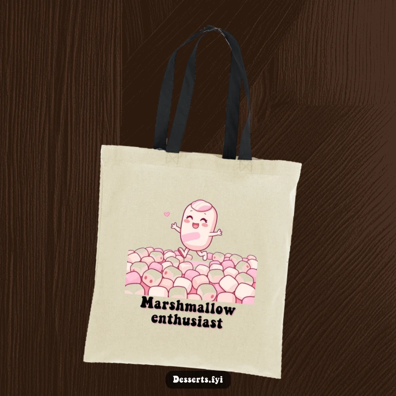 Funny tote bag featuring a gleeful candy character skipping through a marshmallow field, perfect for carrying essentials with a smile.