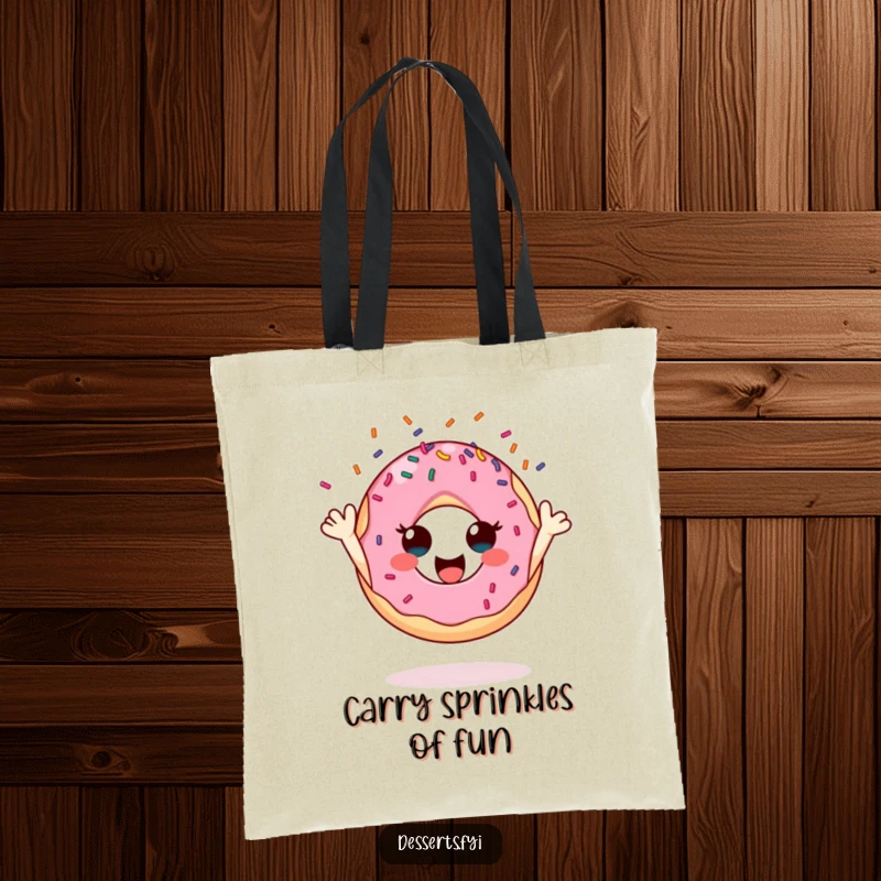 Funny donut tote bag showcasing a gleeful character tossing sprinkles, ideal for carrying groceries or books with extra humor.