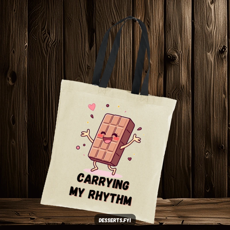 Funny tote bag with a joyful chocolate bar doing a vibrant, energetic dance, perfect for carrying essentials with a burst of sweet energy and fun.