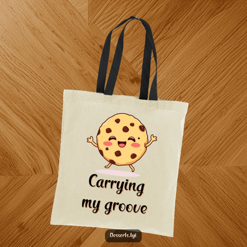 Funny Tote Bag designed with a happy cookie character doing a little dance, perfect for carrying essentials with a dose of sweet humor.