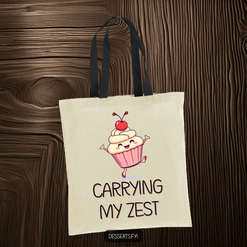 Funny tote bag: a smiling cupcake with a cherry on top does a cartwheel, embodying playful celebration and sweet energy.