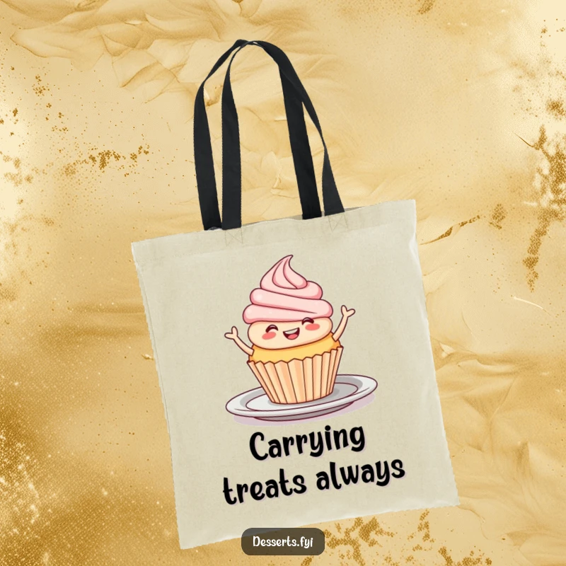Funny Tote Bag: A smiling cupcake performing a joyful jig on a plate, perfect for carrying goodies.