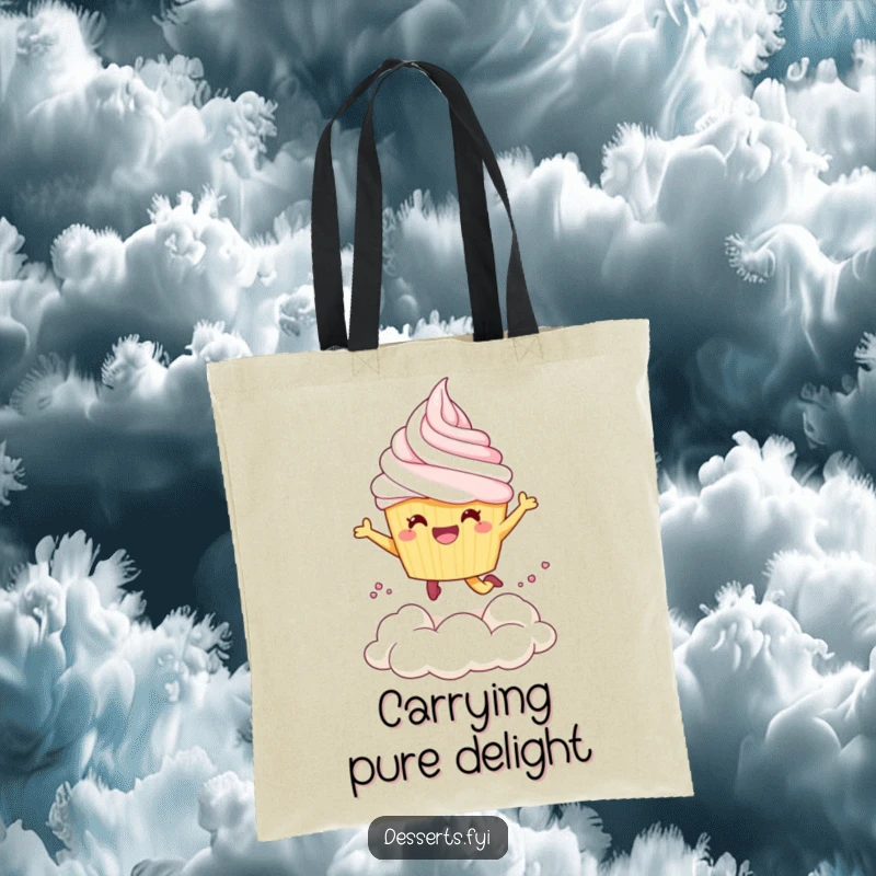 Funny Tote Bag: A cheerful cupcake character leaps joyfully into a cloud of fluffy whipped cream.
