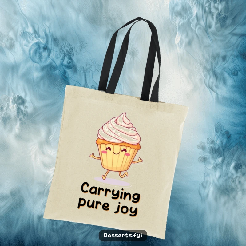 Funny cupcake tote bag, a smiling dessert with tiny legs happily skipping with frosting on its head, perfect for carrying treats and essentials with humor.