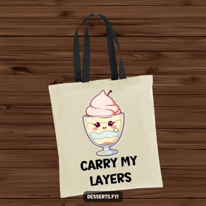 Funny tote bag showing a giggling parfait character peeking out from its glass, embodying sweet charm and fun.