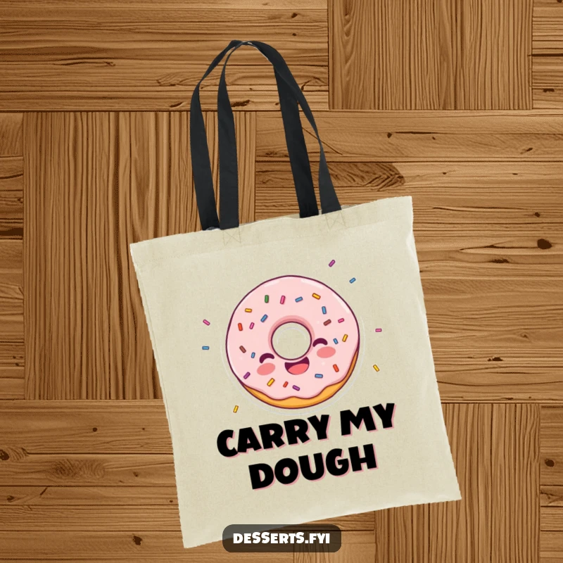 Funny tote bag featuring a happy donut character scattering sprinkles, ideal for carrying essentials with joyful flair.