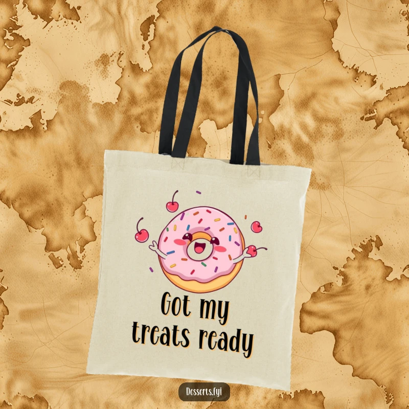 Funny donut character with a wide smile, tossing sprinkles and cherries in the air on a durable tote bag, a sweet accessory.