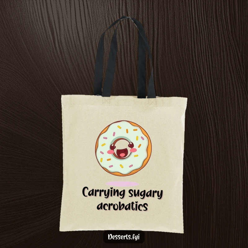 Funny tote bag with a cheerful donut character doing a somersault, showcasing playful movement and joy.