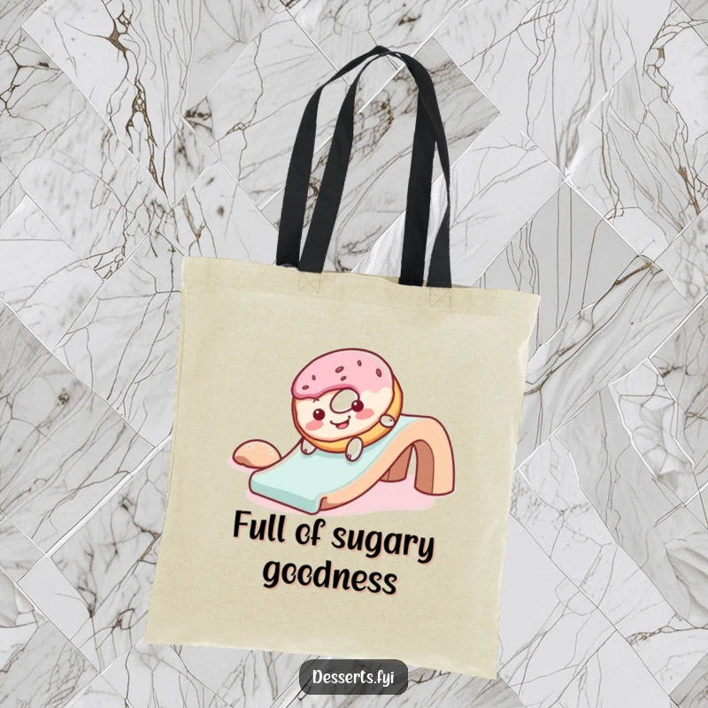 Funny tote bag featuring a cheerful donut with frosting, gleefully sliding down a slide, perfect for carrying items with a splash of fun.