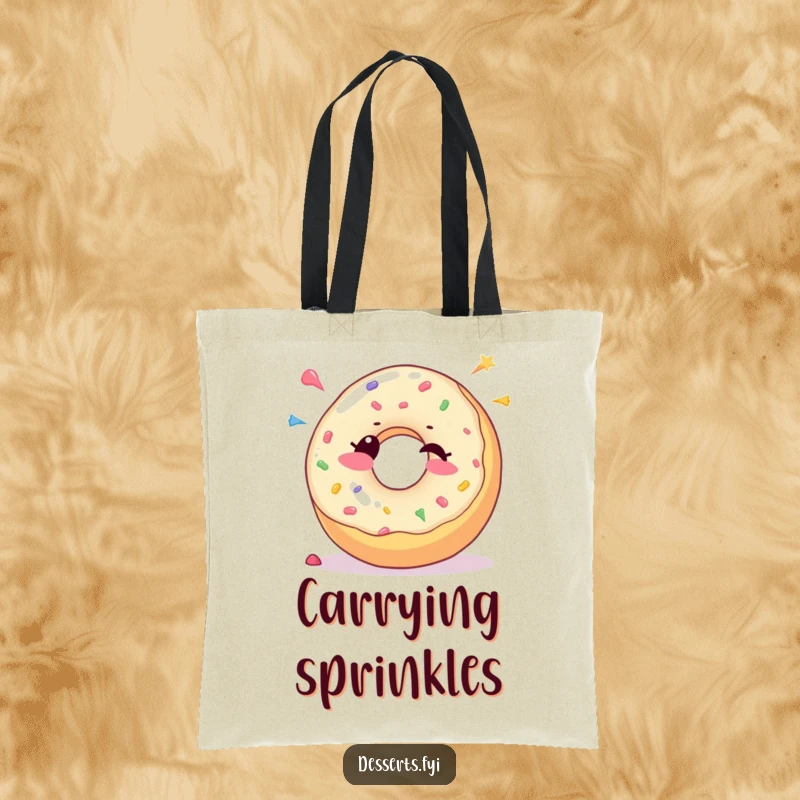 Funny Tote Bag: A joyful donut character winks and sprinkles colorful candy dots, a sweet and humorous accessory.