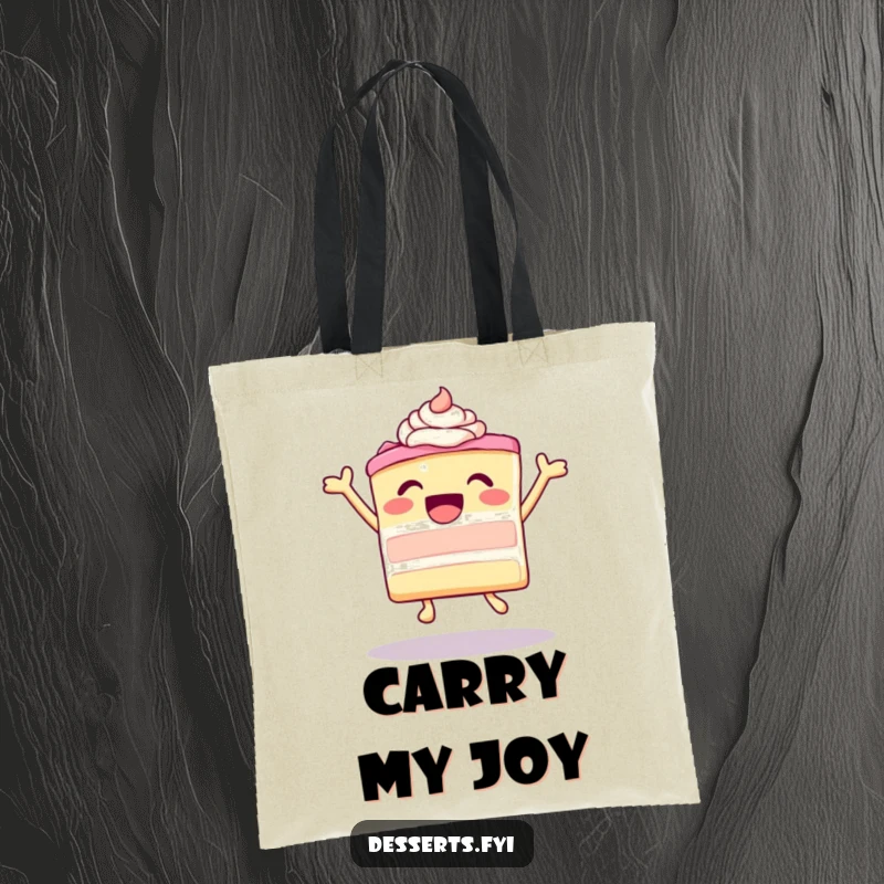 Funny leaping cake with ecstatic frosting on a durable tote bag, showcasing pure dessert joy, a perfect funny gift.