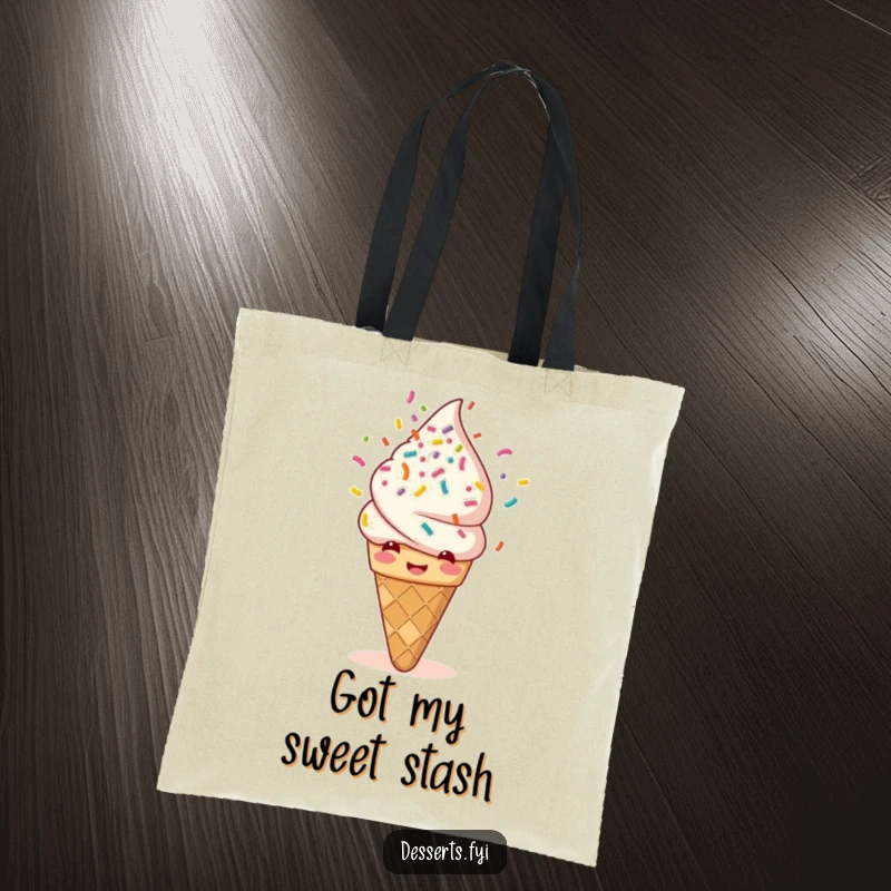 Funny tote bag showcasing a giggling ice cream cone showering itself with rainbow sprinkles. Ideal for carrying groceries or daily essentials with a sweet touch.