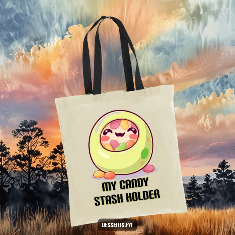 Funny jelly bean tote bag with a happy, rolling jelly bean character, great for carrying items with a touch of playful, sweet humor.