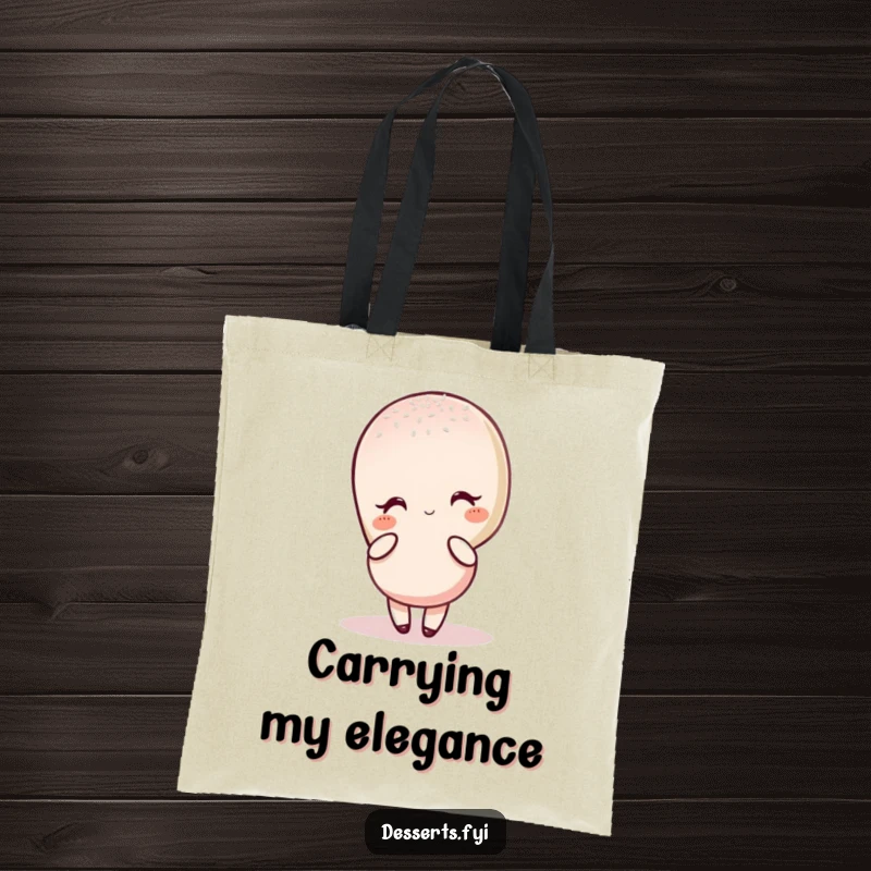 Funny tote bag depicting a charming macaron character in an elegant, sugar-dusted pose, perfect for stylish errands and a touch of humor.