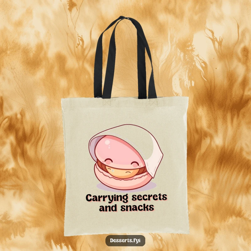 Funny tote bag showcasing a curious macaron peeking from under a napkin, revealing its delectable filling, a stylish and humorous accessory.