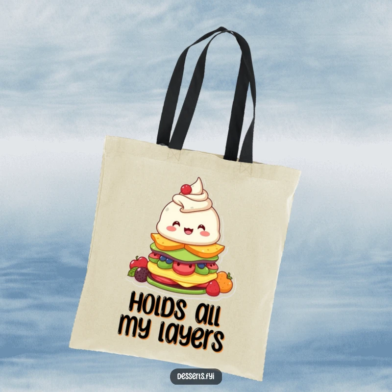 Funny tote bag with a beaming parfait character enthusiastically building a tall fruity dessert, perfect for grocery runs and daily commutes.